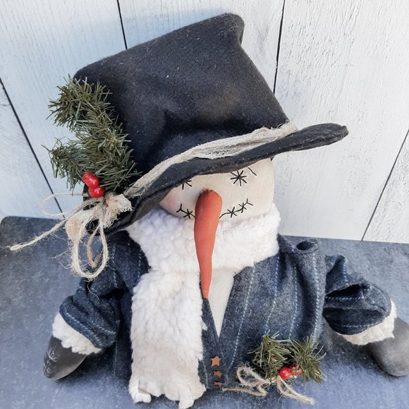 HANDMADE Primitive Country Snowman Wool Coat Stuffed Doll Christmas Decor - Picture 8 of 8